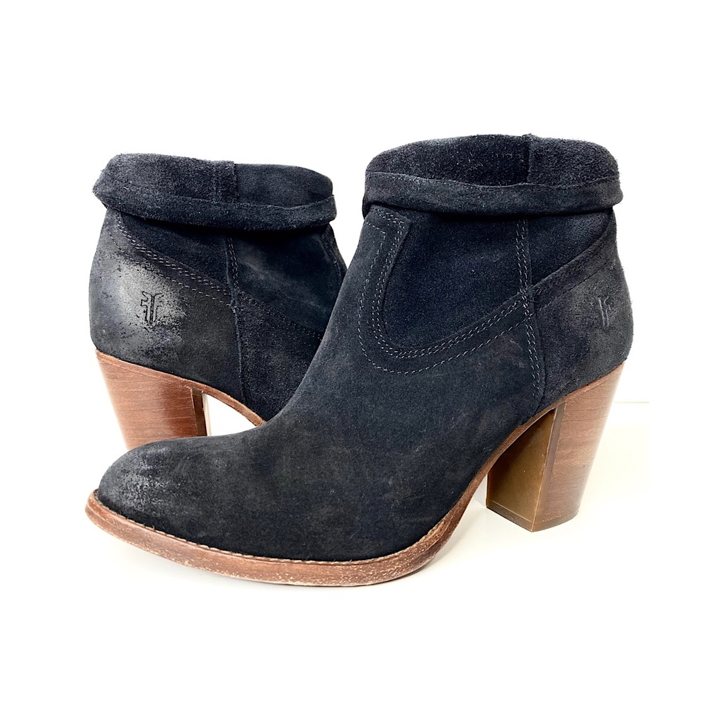 FRYE Western Booties Black Suede Distressed Finish Stacked Block Heel 7.5